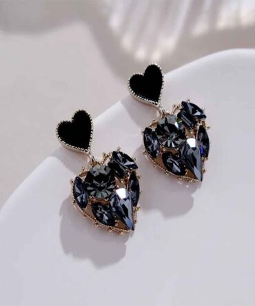 Fashion Women Black Rhinestone Love Earrings