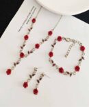 DoryBox - Vintage Red Rose Flower Necklace Bracelet Earring Jewelry Set Women